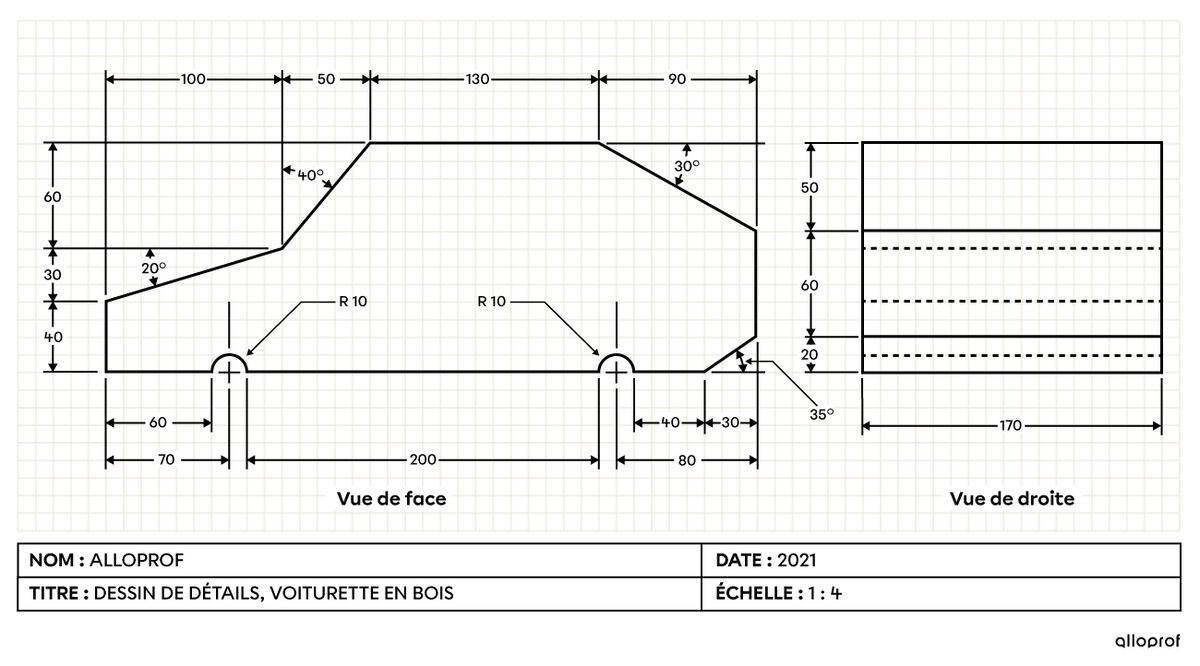 Le dessin de détail du châssis d’une voiturette en bois montrant toutes les mesures nécessaires à sa fabrication