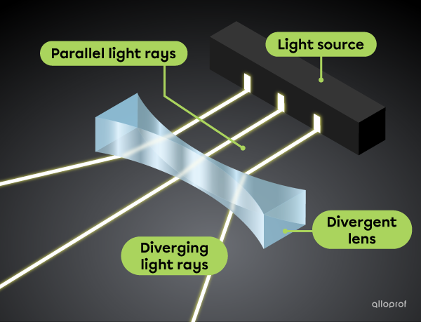 The parallel rays pass through a biconcave lens and are then deflected in a divergent manner.