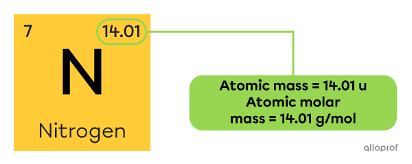 The atomic mass of nitrogen (N) is 14.01 u and the atomic molar mass of nitrogen is 14.01 grams per mole.